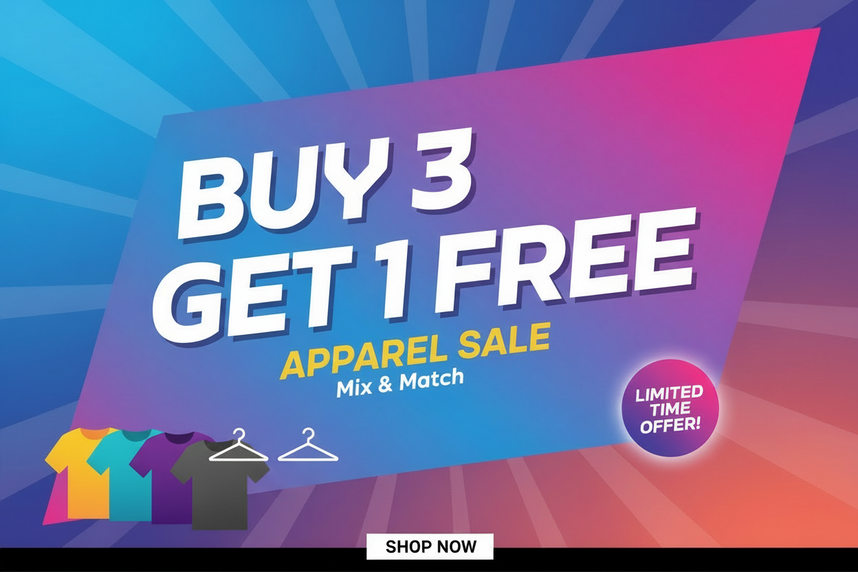 Buy 3 Get 1 Free banner with shirts